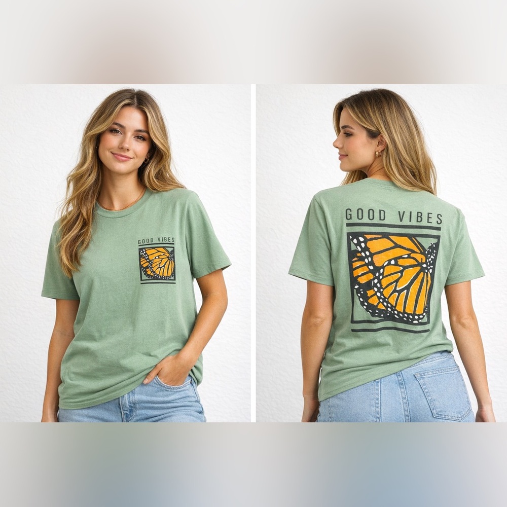 French Pastry - Good Vibes Butterfly Tee - Sage & Orange